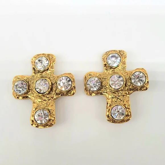 Christian LaCroix Textured Gold Cross Statement Earrings with Swarovski Crystals